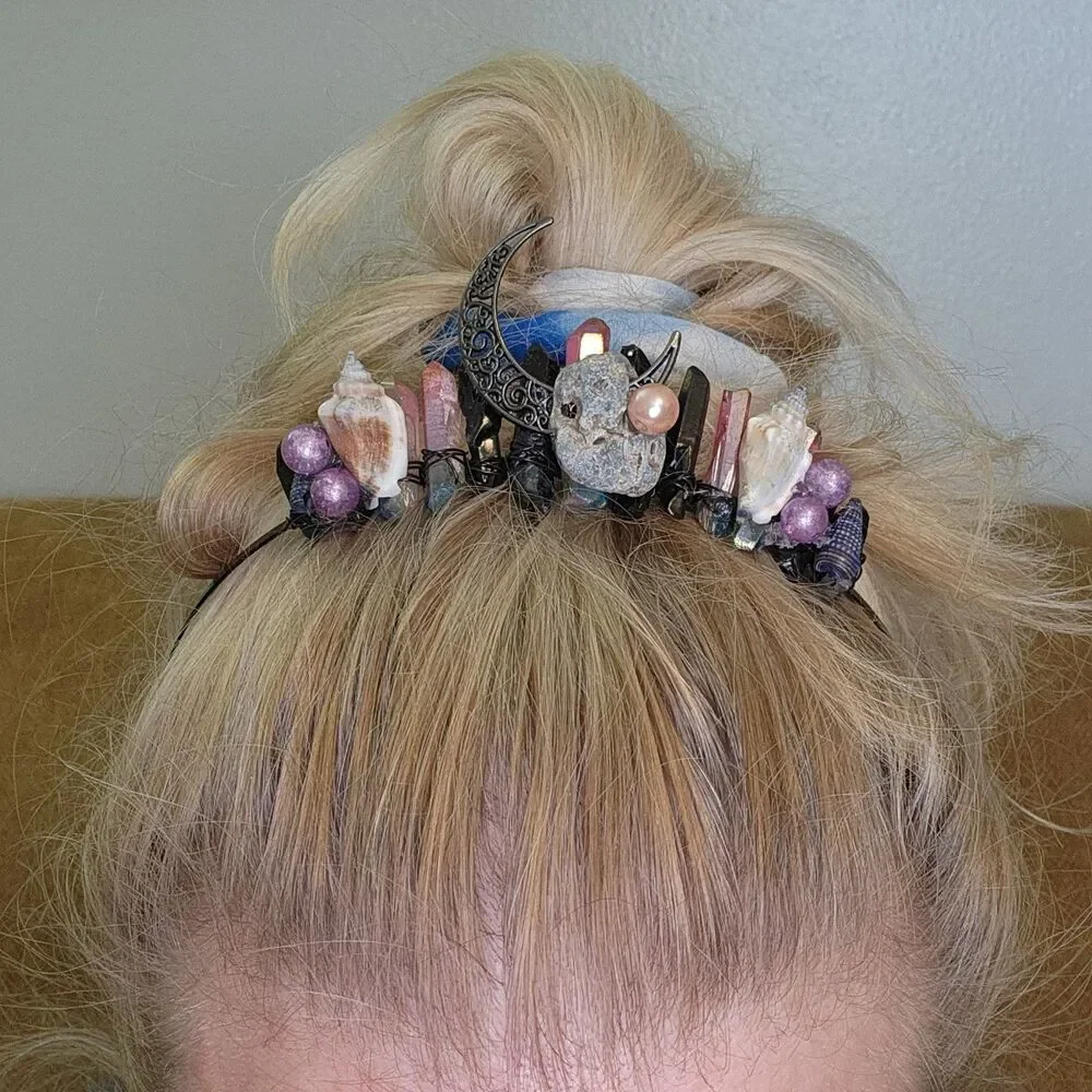 Siren Crown Pink/Blue & Black Crystal Quartz with Stone, Shell, Pearls, Moon!